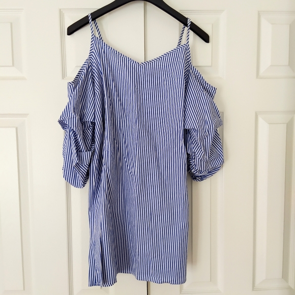 Blue Pinstriped Off the Shoulder Sleeve Dress - Picture 1 of 4